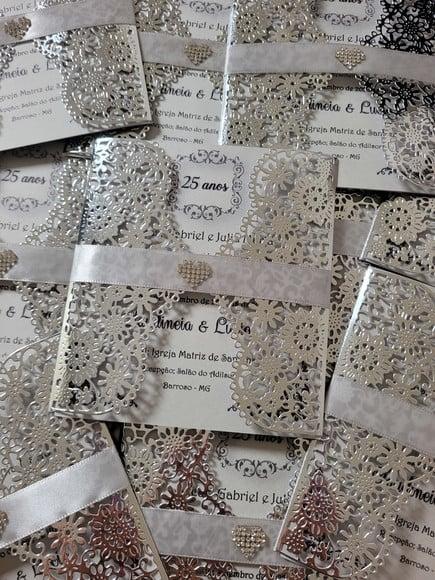 Convite Rendado Prata Laminado Completo com Impressão