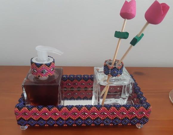 Kit Lavabo com bandeja decorada estampa indiana