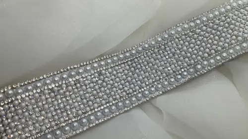 Cinto de strass e pérolas largo Fita Prata Pronta Entega