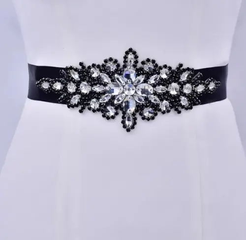 Cinto de Strass Flor Preto e Prata