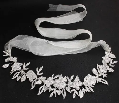 Cinto de strass flores e folhas prateado vestido de noiva