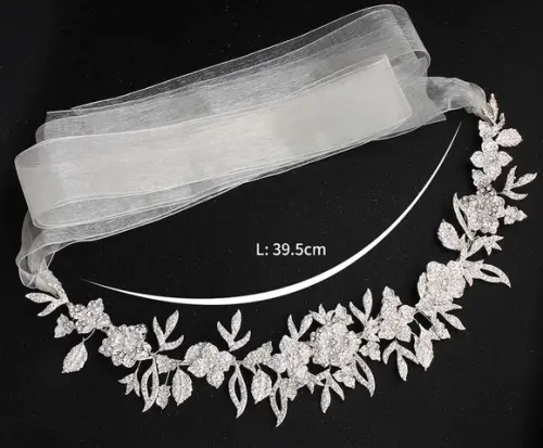 Cinto de strass flores e folhas prateado vestido de noiva