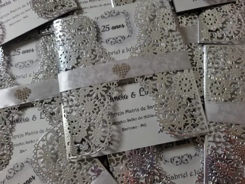 Convite Rendado Prata Laminado Completo com Impressão