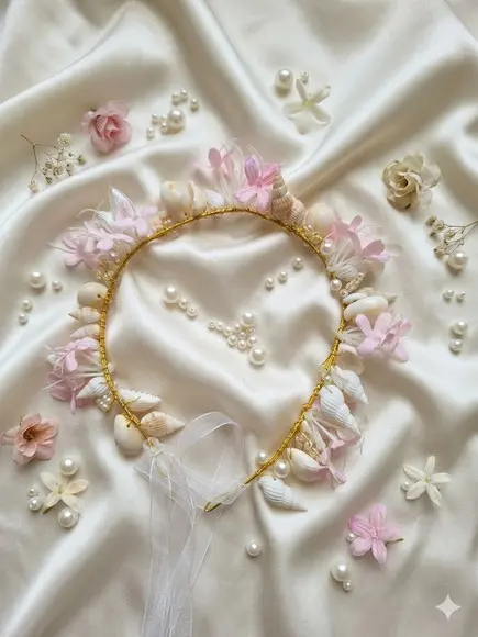 Tiara de Conchas, Flores e Pérolas