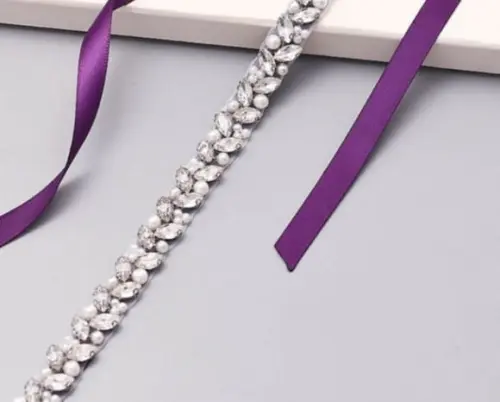 Cinto Bordado com Strass e Pérolas Prata 80cm
