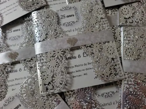 Convite Rendado Prata Laminado Completo com Impressão
