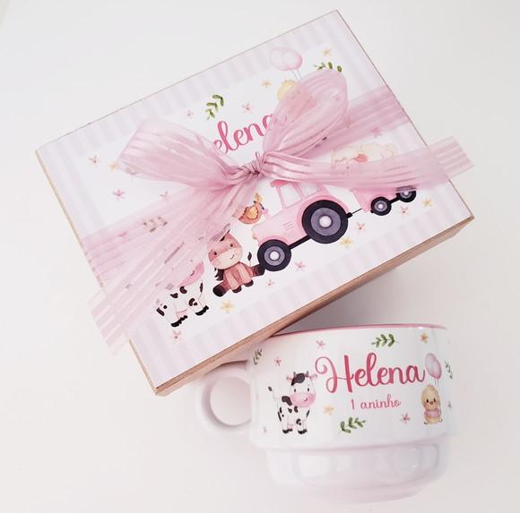 Xicara 150ml Personalizada + Caixa mdf Fazendinha
