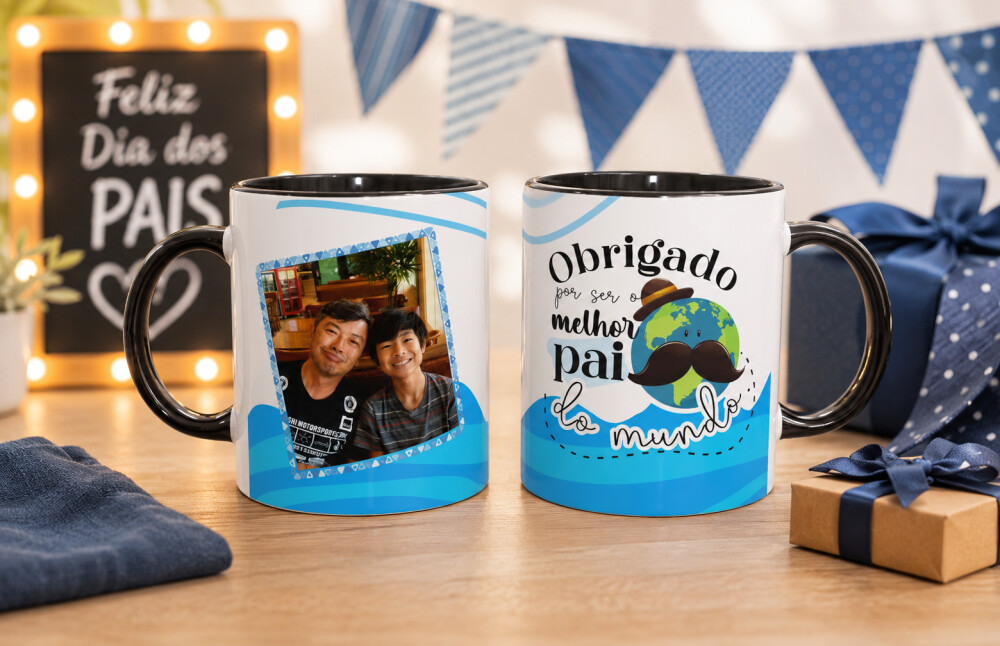 Caneca dia dos pais com foto  alça e interior preto