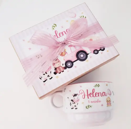 Xicara 150ml Personalizada + Caixa mdf Fazendinha