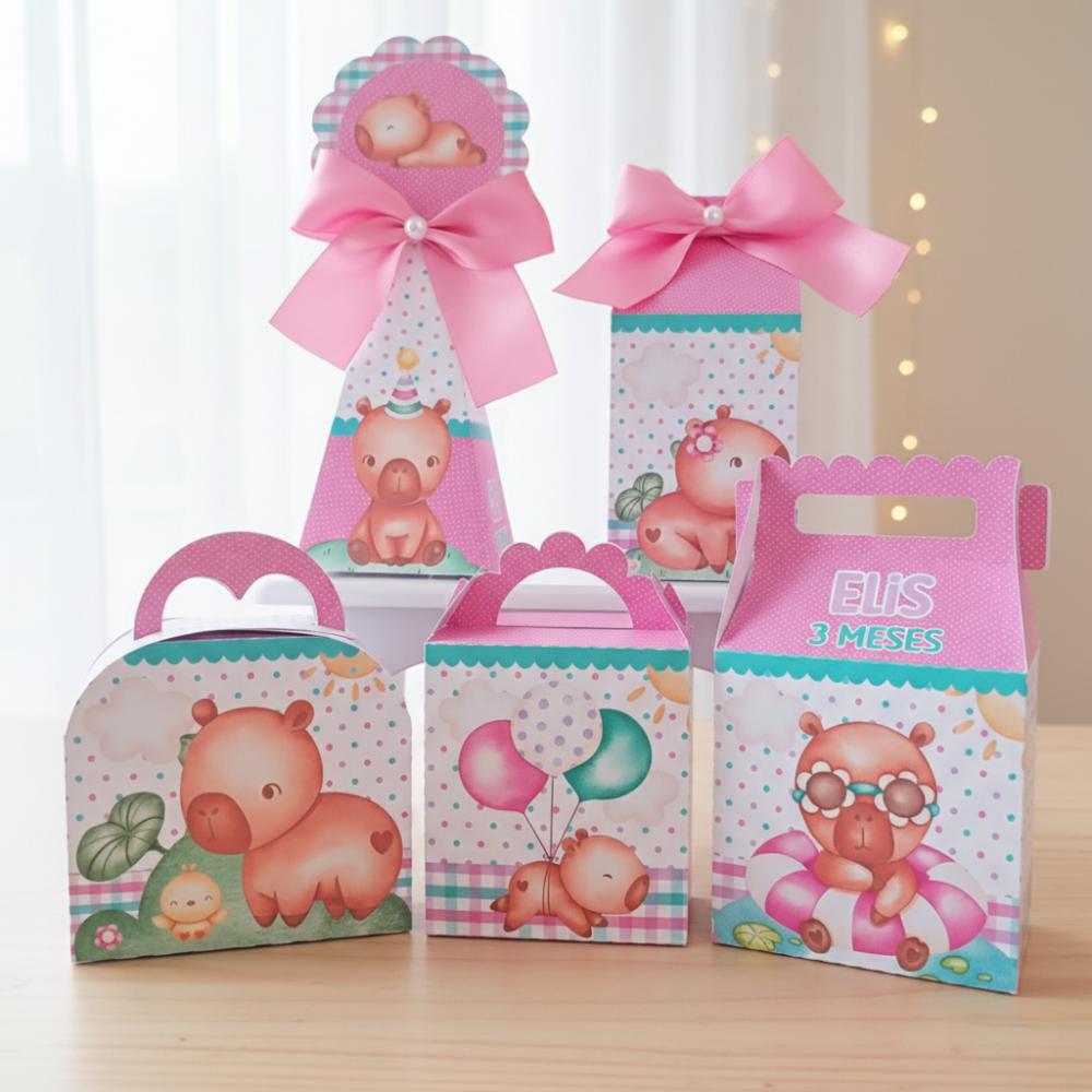 20 Caixinhas Personalizadas Capivara Aquarela Menina | Kit Festa