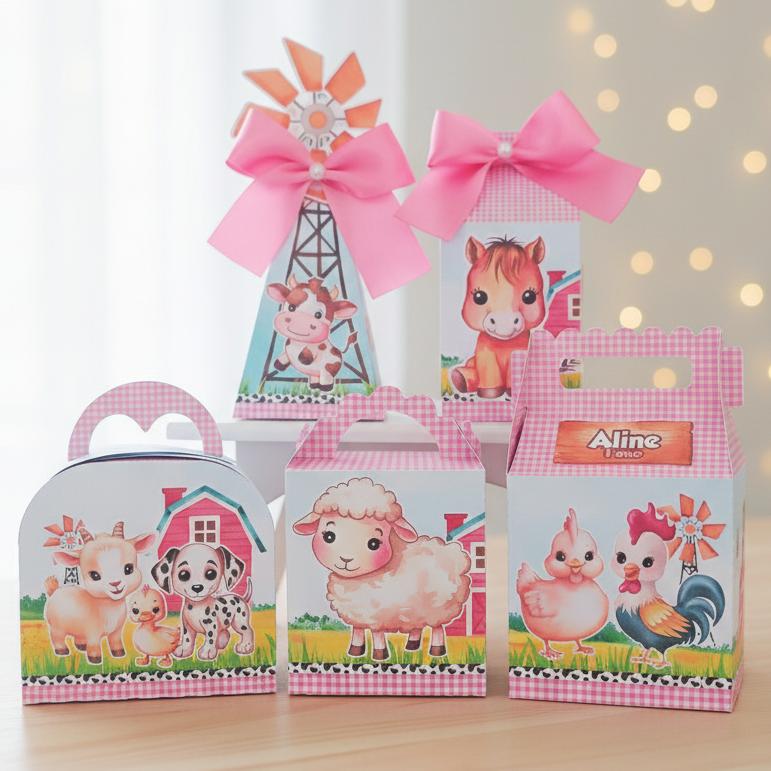 20 Caixinhas Personalizadas Fazendinha Aquarela Rosa | Kit Festa