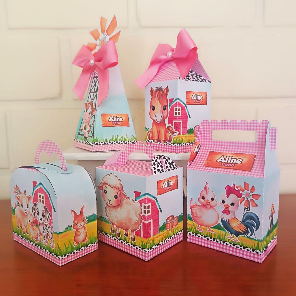 20 Caixinhas Personalizadas Fazendinha Aquarela Rosa | Kit Festa