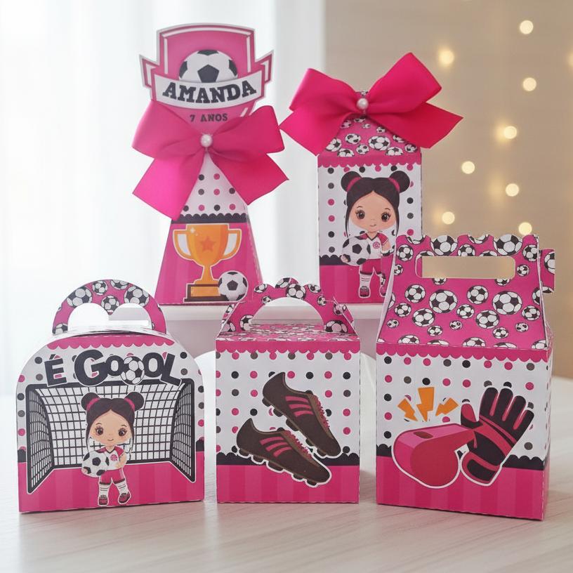 20 Caixinhas Personalizadas Futebol Rosa | Kit Festa | PEGUE E MO