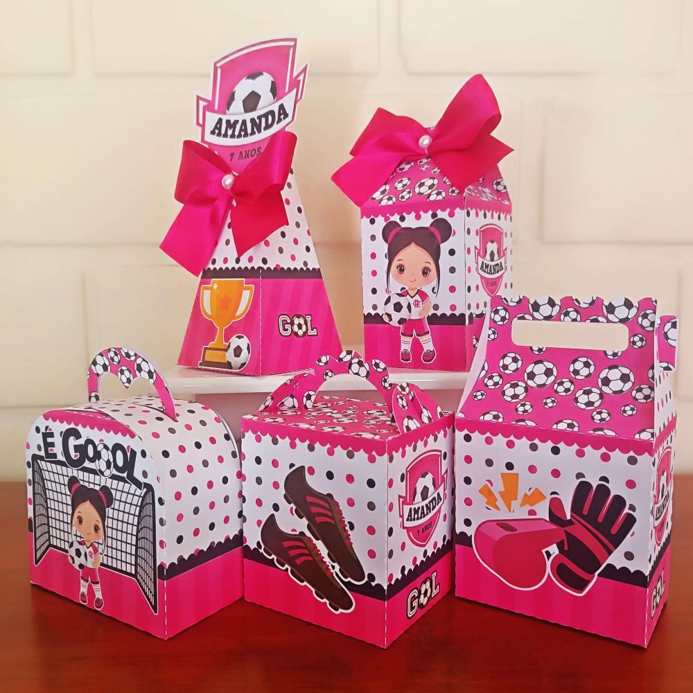 20 Caixinhas Personalizadas Futebol Rosa | Kit Festa | PEGUE E MO