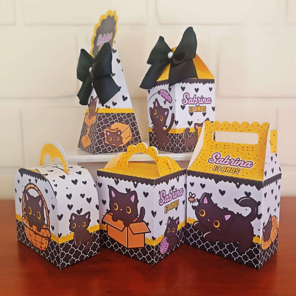 20 Caixinhas Personalizadas Gatinho Preto | Kit Festa | PEGUE E M