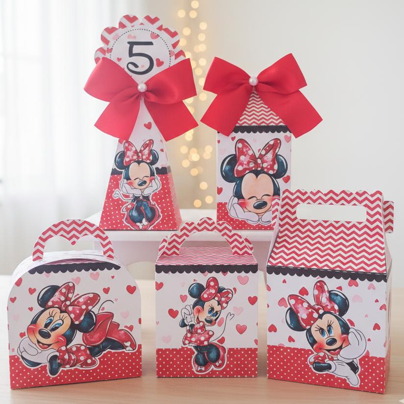 20 Caixinhas Personalizadas Minnie Vermelha Aquarela | Kit Festa