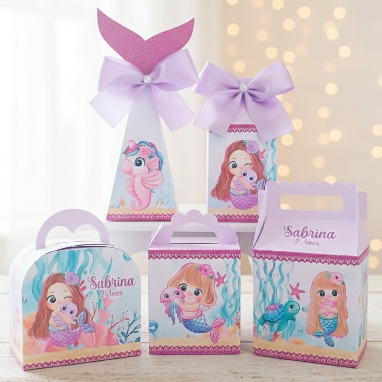 20 Caixinhas Personalizadas Sereia Lilás Aquarela| Kit Festa | P