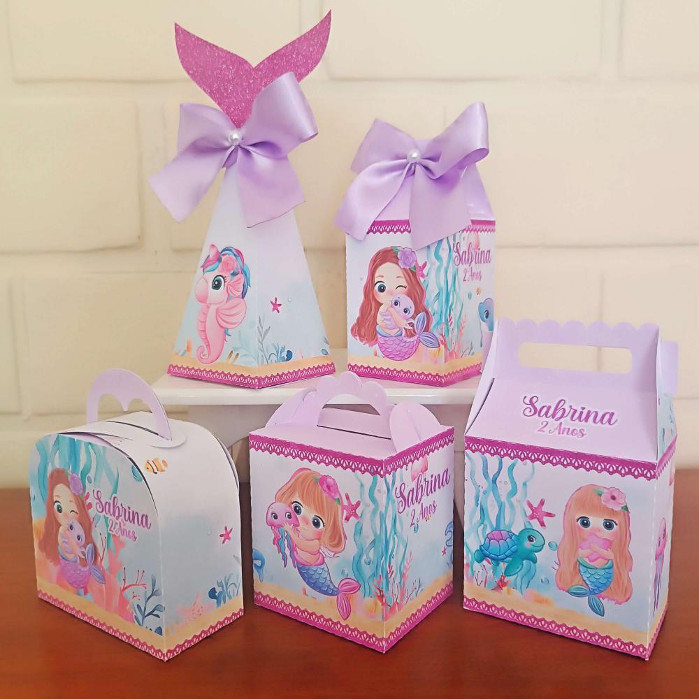 20 Caixinhas Personalizadas Sereia Lilás Aquarela| Kit Festa | P