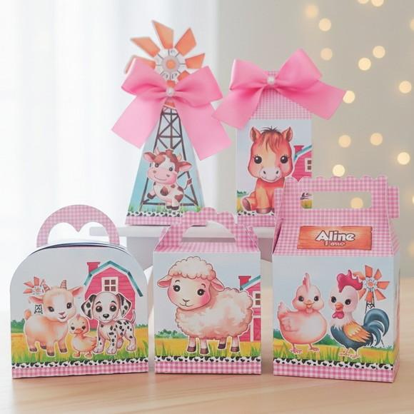 Kit 30 Caixinhas Personalizadas - Fazendinha Rosa Aquarela