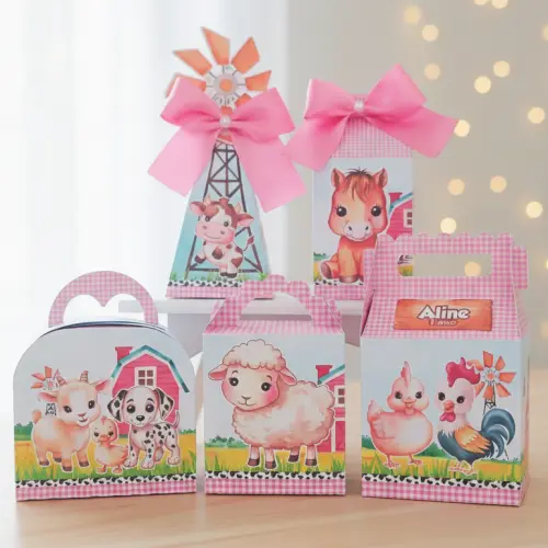20 Caixinhas Personalizadas Fazendinha Aquarela Rosa | Kit Festa | PEGUE E MONTE