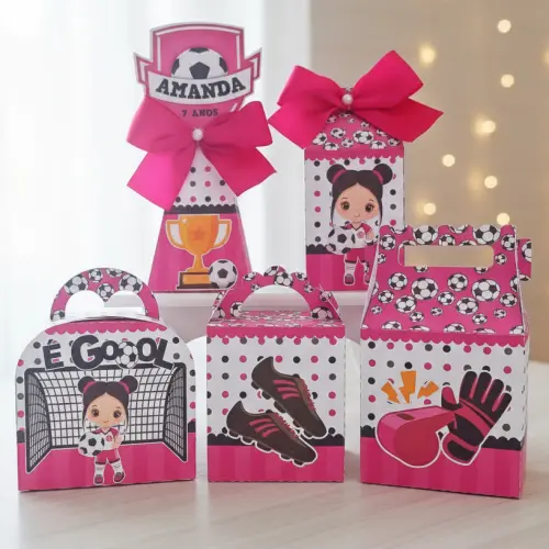 20 Caixinhas Personalizadas Futebol Rosa | Kit Festa | PEGUE E MONTE