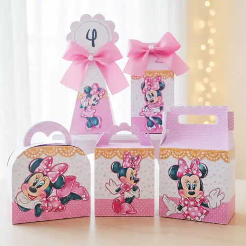 20 Caixinhas Personalizadas Minnie Rosa Aquarela | Kit Festa | PEGUE E MONTE