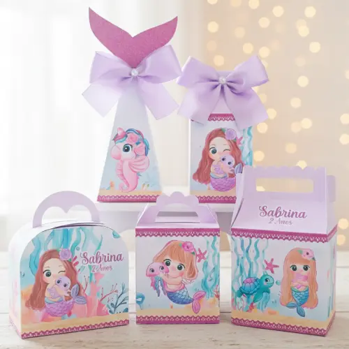 20 Caixinhas Personalizadas Sereia Lilás Aquarela| Kit Festa | PEGUE E MONTE