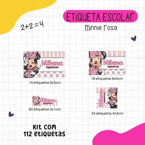 Kit 112 Etiquetas Escolares Personalizadas - Minnie Rosa