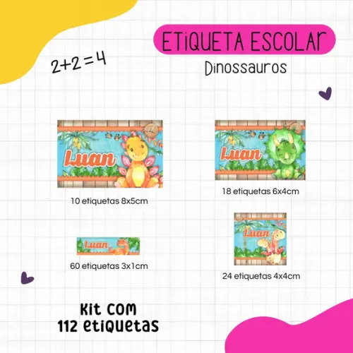 Kit 112 Etiquetas Escolares Personalizadas - Dinossauros