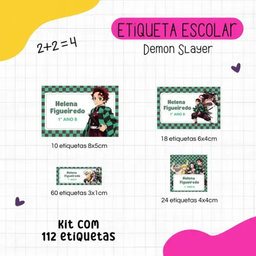 Kit 112 Etiquetas Escolares Personalizadas - Demon Slayer