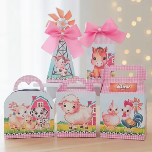 Kit 40 Caixinhas Personalizadas - Fazendinha Rosa Aquarela