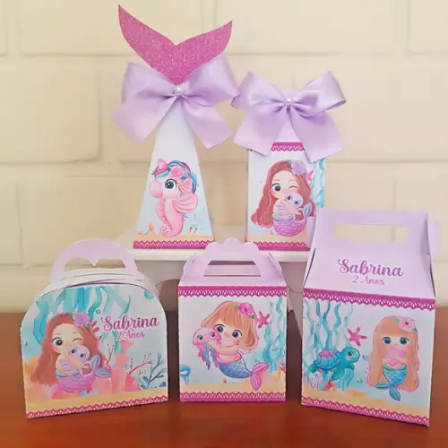 Kit 40 Caixinhas Personalizadas - Sereia Aquarela Lilás