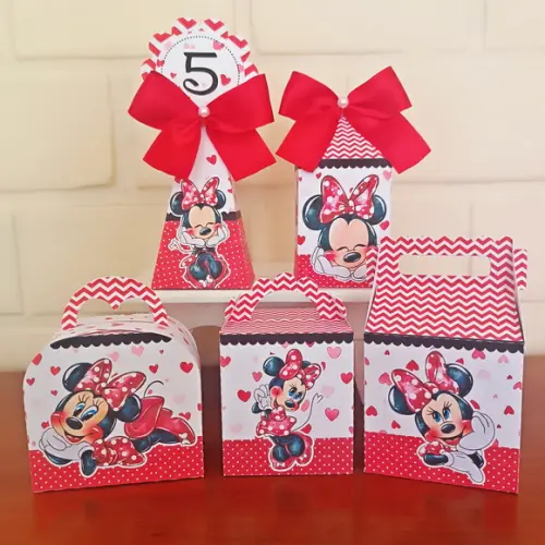 Kit 50 Caixinhas Personalizadas - Minnie Vermelha Aquarela