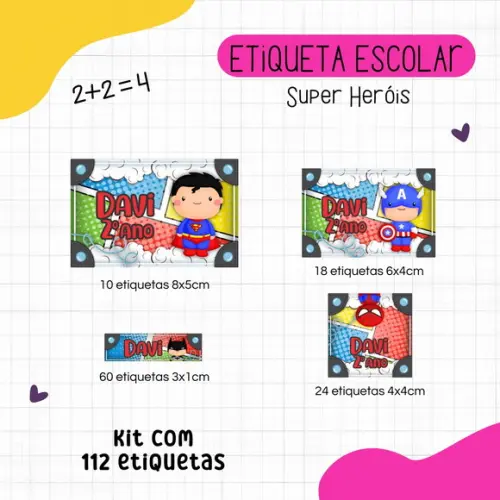 Kit 112 Etiquetas Escolares Personalizadas - Super Heróis