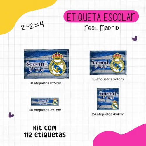 Kit 112 Etiquetas Escolares Personalizadas - Real Madrid