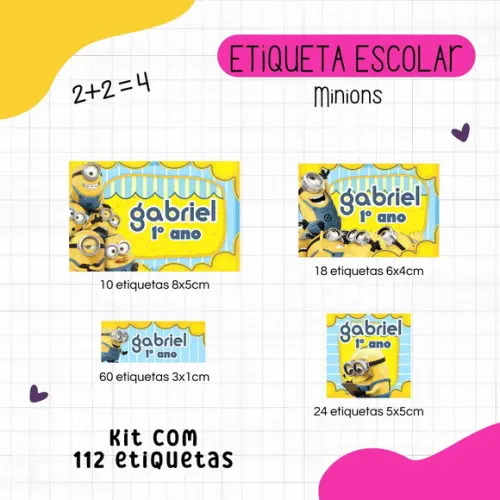 Kit 112 Etiquetas Escolares Personalizadas - Minions