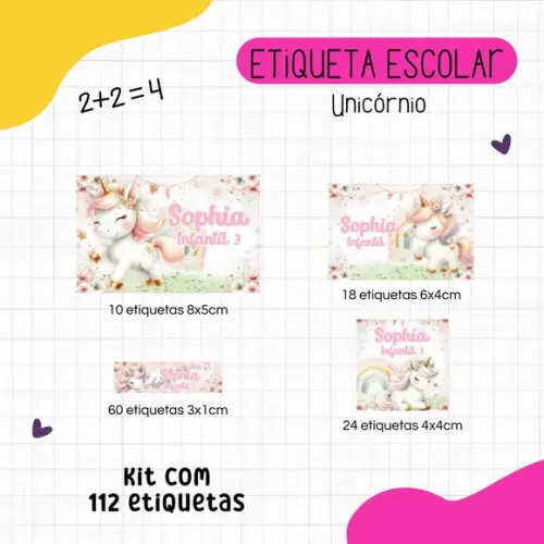 Kit 112 Etiquetas Escolares Personalizadas - Unicórnio