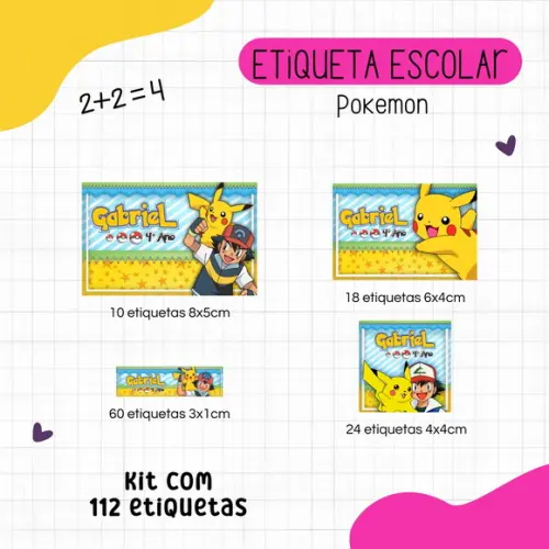 Kit 112 Etiquetas Escolares Personalizadas - Pokemon