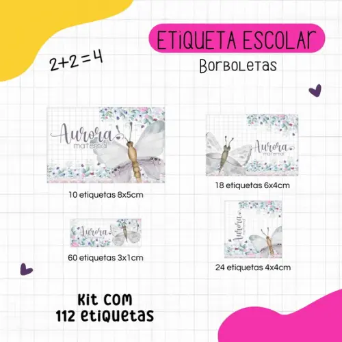 Kit 112 Etiquetas Escolares Personalizadas - Borboletas