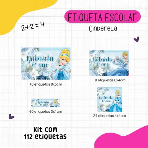 Kit 112 Etiquetas Escolares Personalizadas - Cinderela