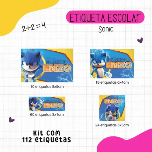 Kit 112 Etiquetas Escolares Personalizadas - Sonic