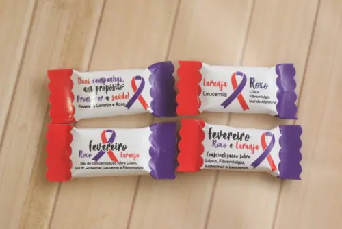 100 Balas Personalizadas - Fevereiro Roxo e Laranja