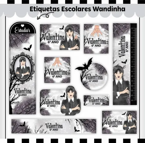 Arquivo de Corte Etiqueta Escolar Wandinha (compre 1 lv+5