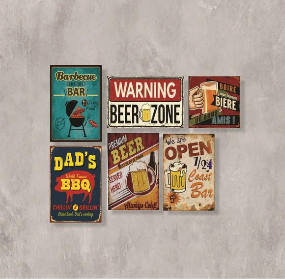 kit com 6 Placas decorativas beer BBQ área gourmet em mdf