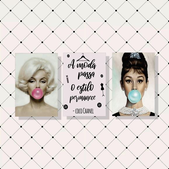 kit com 3 Placas decorativas Audrey moda e Marilyn 30x40cm