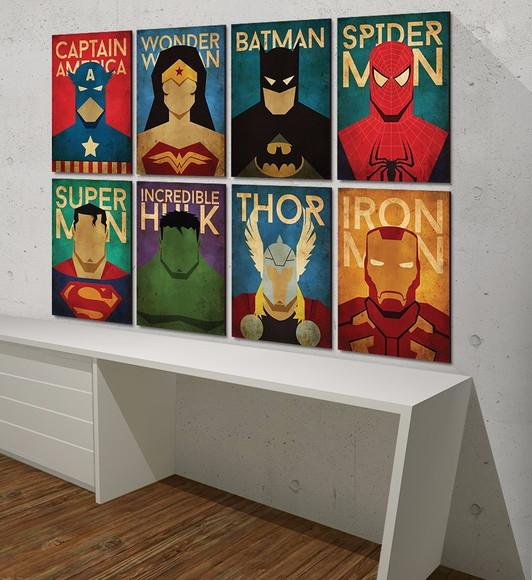 kit com 8 Placas decorativas super heróis em mdf 20x30cm