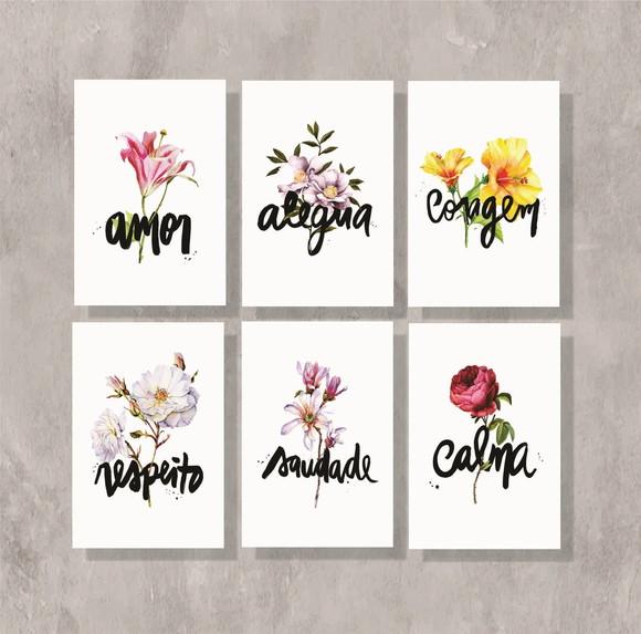 kit com 6 Placas decorativas flores amor alegria em mdf