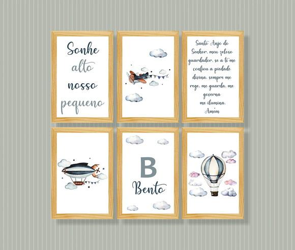 Kit com 6 Placas Decorativas Avião Nuvens Balão em mdf