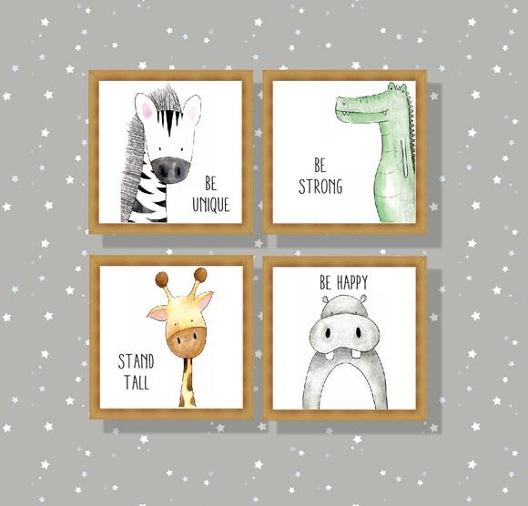 Kit com 4 Placas Decorativas Safari Infantil 20x20cm