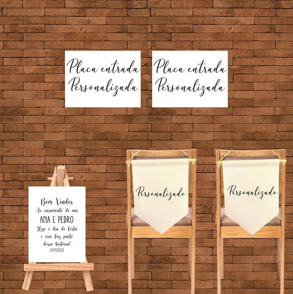 2 Flâmulas Cadeira Noivos + 3 Placas Casamento Personalizado